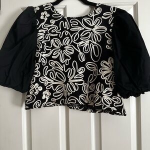 Chic Black and White Embroidered Women's Blouse